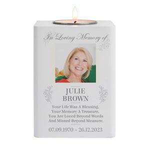 Personalised Photo Memorial White Wooden Tea Light Holder