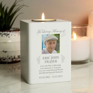 Personalised Photo Memorial White Wooden Tea Light Holder