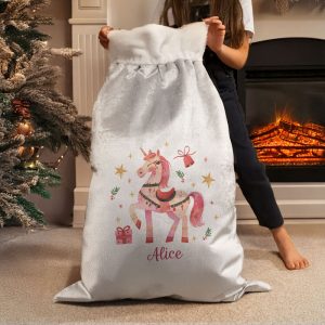 Personalised Christmas Unicorn Luxury Silver Sack