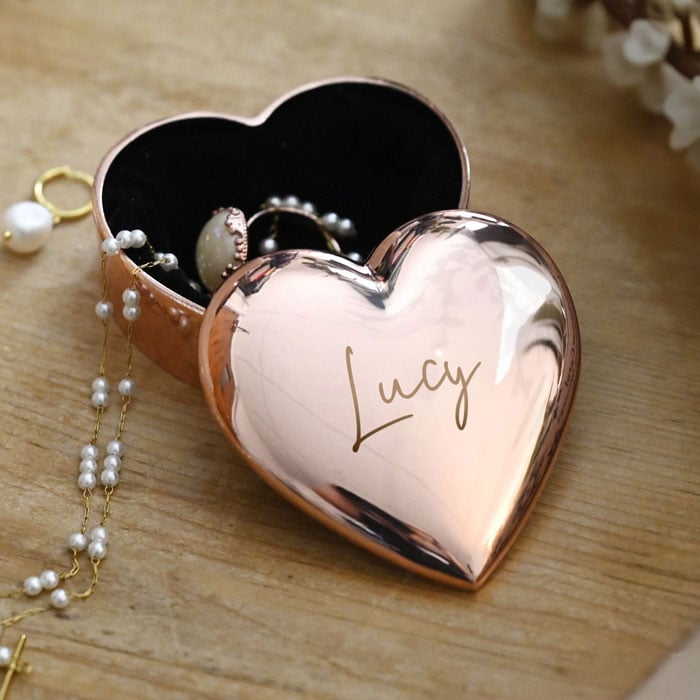 Women's Personalised Name Only Rose Gold Heart Trinket Box