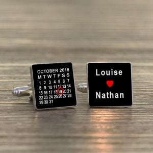 Personalised Date & Names Red Heart Cufflinks Black or White