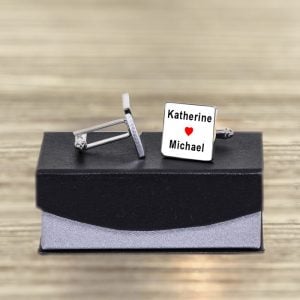 Personalised Date & Names Red Heart Cufflinks Black or White