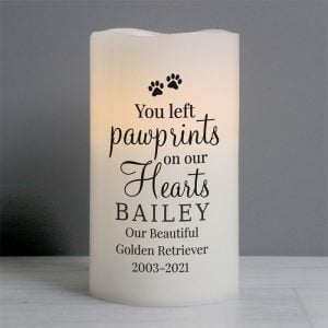 Personalised Pet Memorial LED Candle Pawprints On Our Hearts