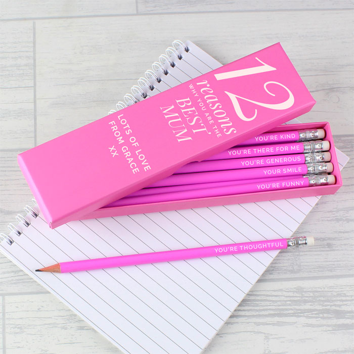 Personalised Pink 12 Reasons Box & 12 Pink HB Pencils