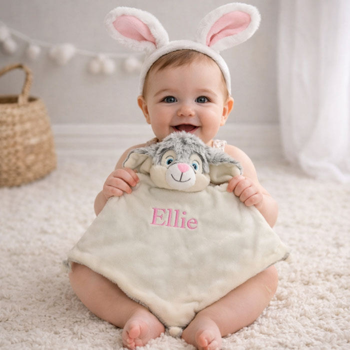 Personalised Grey Cubbies Rabbit Baby Comforter Blankie
