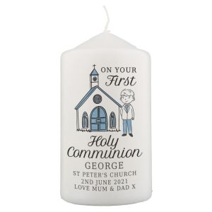 Personalised Boy's First Holy Communion Blue Pillar Candle