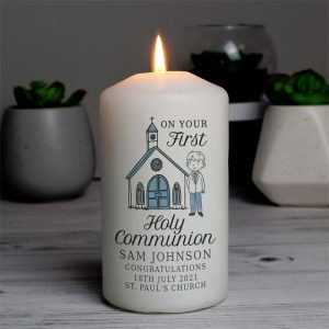 Personalised Boy's First Holy Communion Blue Pillar Candle
