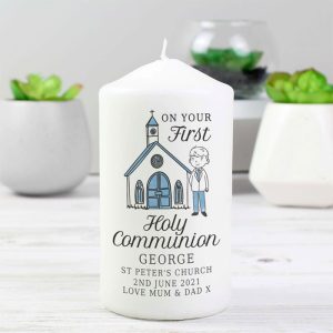Personalised Boy's First Holy Communion Blue Pillar Candle
