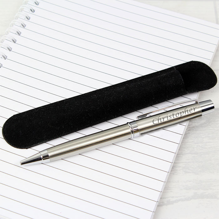 Personalised Engraved Silver Plated Pen in Velvet Pouch