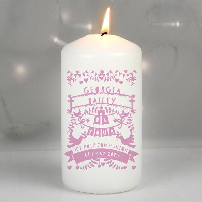 Personalised Pink Papercut Style Pillar Candle