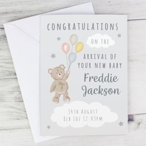 Personalised Teddy & Balloons Baby Card