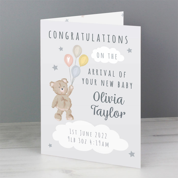 Personalised Teddy & Balloons Baby Card