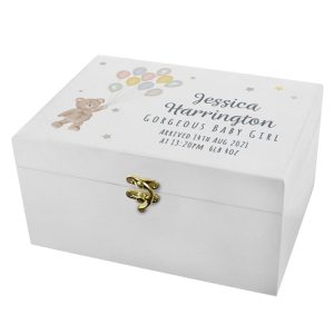 Personalised Teddy & Balloons White Wooden Baby Keepsake Box