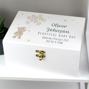 Personalised Teddy & Balloons White Wooden Baby Keepsake Box