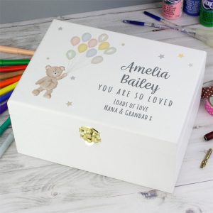 Personalised Teddy & Balloons White Wooden Baby Keepsake Box