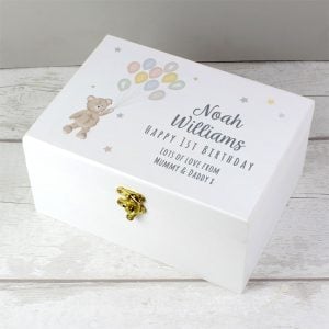 Personalised Teddy & Balloons White Wooden Baby Keepsake Box