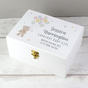 Personalised Teddy & Balloons White Wooden Baby Keepsake Box