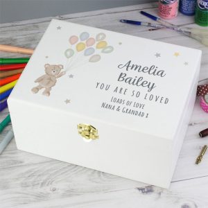 Personalised Teddy & Balloons White Wooden Baby Keepsake Box