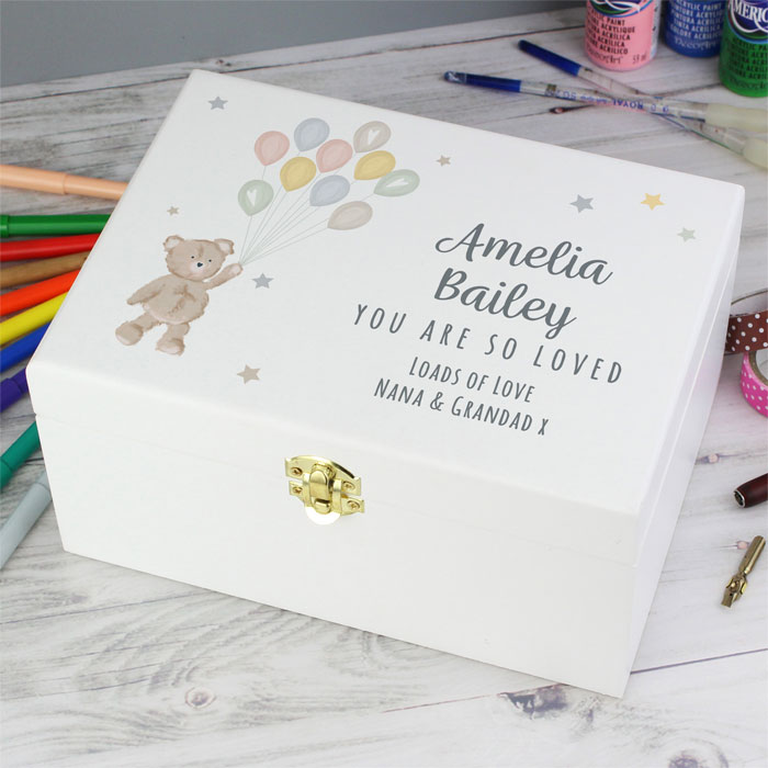 Personalised Teddy & Balloons White Wooden Baby Keepsake Box