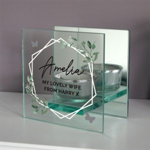 Personalised Botanical Mirror Glass Tea Light Candle Holder