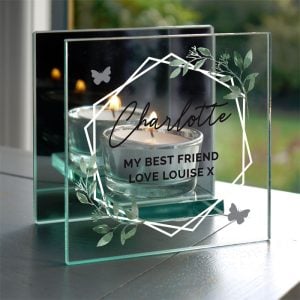 Personalised Botanical Mirror Glass Tea Light Candle Holder