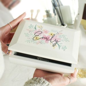 Girl's Personalised Floral Wooden Jewellery Box With Name