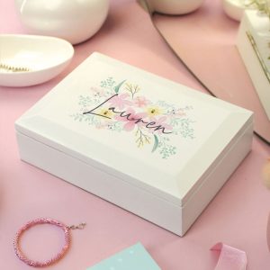 Girl's Personalised Floral Wooden Jewellery Box With Name