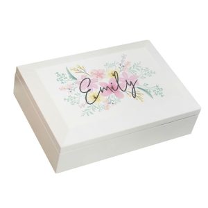 Girl's Personalised Floral Wooden Jewellery Box With Name