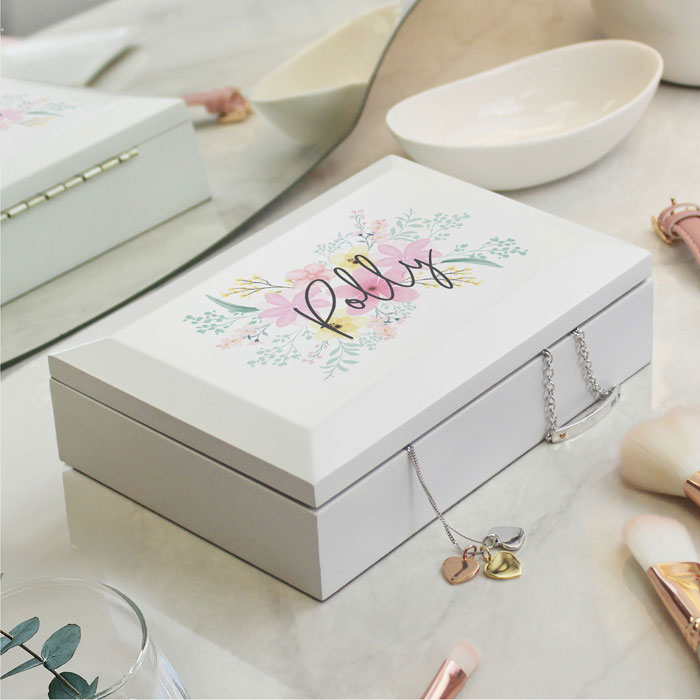 Girl's Personalised Floral Wooden Jewellery Box With Name