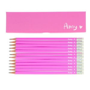 Personalised Heart Box and 12 Pink HB Pencils