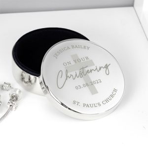 Personalised Christening Round Trinket Box Goddaughter Gift
