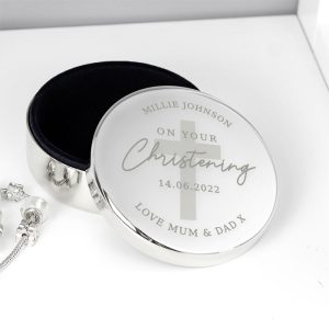 Personalised Christening Round Trinket Box Goddaughter Gift