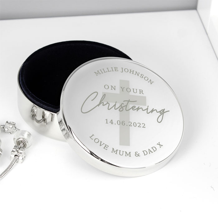 Personalised Christening Round Trinket Box Goddaughter Gift