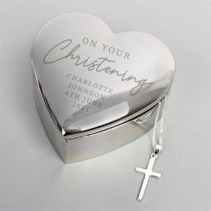 Personalised Christening Heart Trinket Box & Cross Necklace