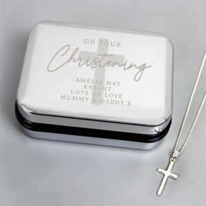 Personalised Christening Trinket Box & Cross Necklace Set