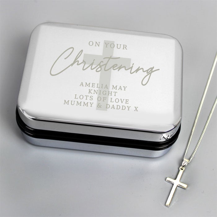 Personalised Christening Trinket Box & Cross Necklace Set