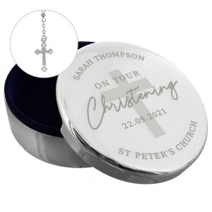 Personalised Christening Round Trinket Box & Rosary Beads