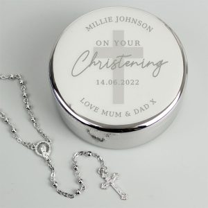 Personalised Christening Round Trinket Box & Rosary Beads