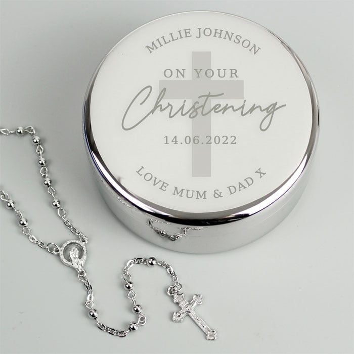 Personalised Christening Round Trinket Box & Rosary Beads