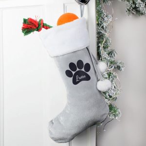 Personalised Paw Print Silver Grey Pet Xmas Stocking