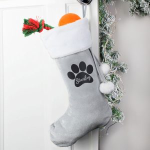 Personalised Paw Print Silver Grey Pet Xmas Stocking