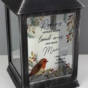 Personalised Robins Appear Memorial Black Plastic Lantern