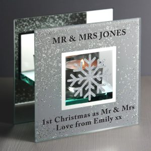 Personalised Xmas Snowflake Silver Glitter Tea Light Holder