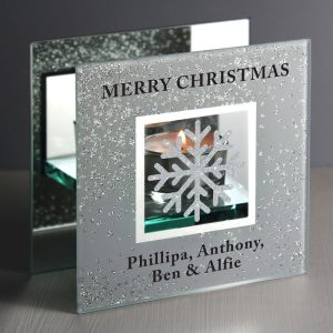Personalised Xmas Snowflake Silver Glitter Tea Light Holder