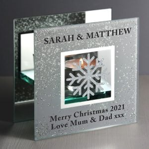 Personalised Xmas Snowflake Silver Glitter Tea Light Holder