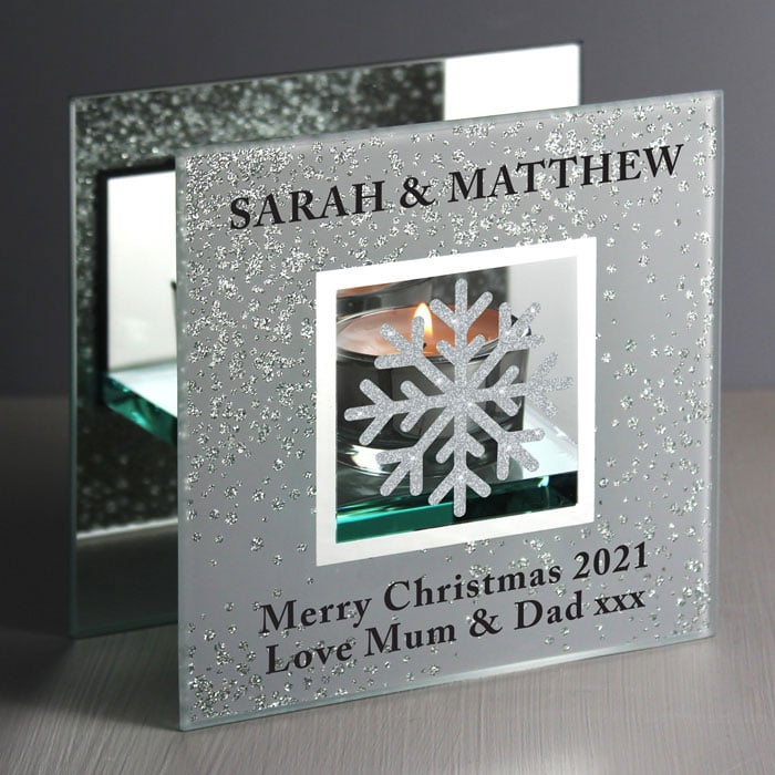 Personalised Xmas Snowflake Silver Glitter Tea Light Holder