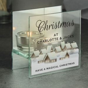 Personalised Christmas Village Glass Tea Light Holder