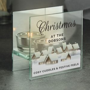 Personalised Christmas Village Glass Tea Light Holder