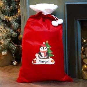 Personalised Christmas Penguin Luxury Pompom Red Sack