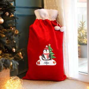 Personalised Christmas Penguin Luxury Pompom Red Sack